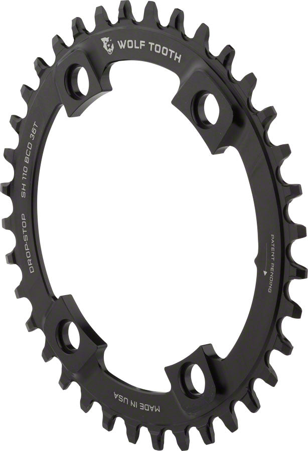 Wolf Tooth Shimano 110 Asymmetric BCD Chainring - 36t 110 Asymmetric BCD 4-Bolt Drop-Stop A For Shimano Cranks BLK