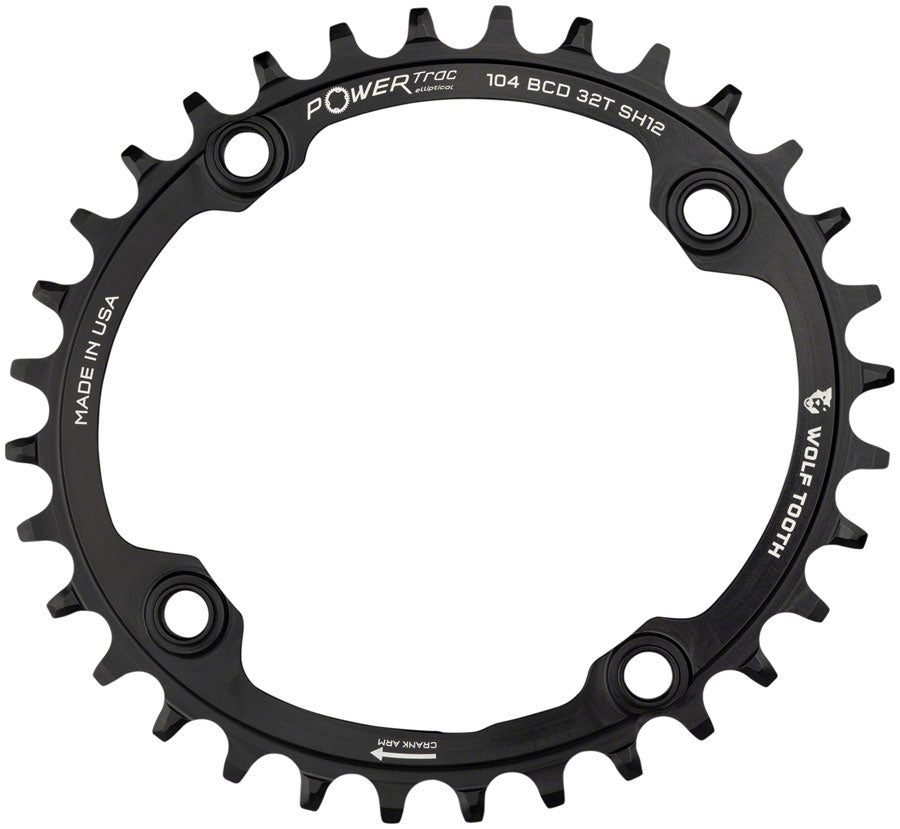 Wolf Tooth Elliptical 104 BCD Chainring - 34t 104 BCD 4-Bolt Drop-Stop ST Requires Shimano 12-Speed HG+ Chain BLK