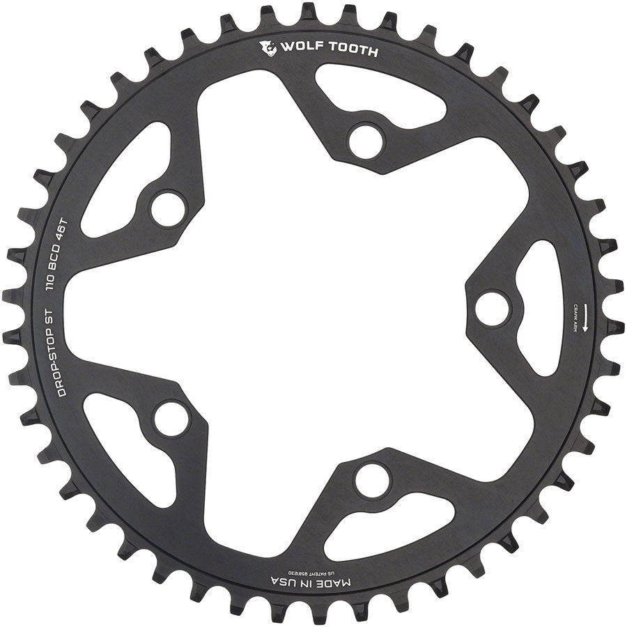 Wolf Tooth 110 BCD Gravel CX Road Chainring - 46t 110 BCD 5-Bolt Drop-Stop ST For Shimano HG+ KMC 12-Speed Chains BLK