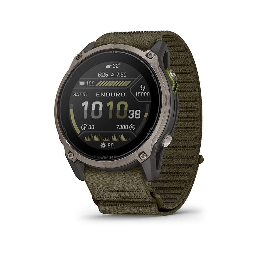 Garmin Enduro 4 Watch Watch Color: Silver Wristband: Dark Olive comfortfit fabric