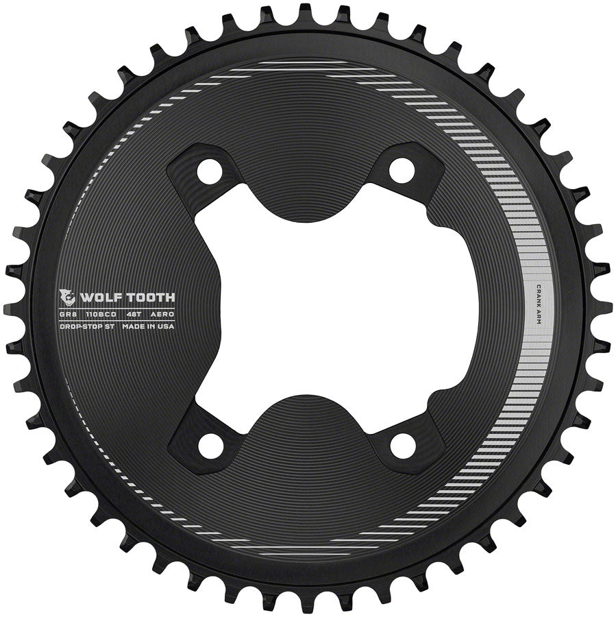 Wolf Tooth Aero 110 Asymmetric BCD Chainring - 48t 110 Asymmetric BCD 4-Bolt Drop-Stop ST For Shimano GRX 800 Series BLK