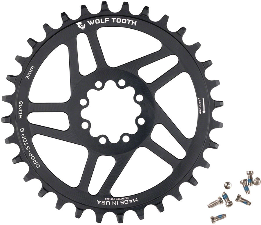 Wolf Tooth Direct Mount Chainring - 36t SRAM Direct Mount Drop-Stop B For SRAM 8-Bolt Cranksets 3mm Offset BLK