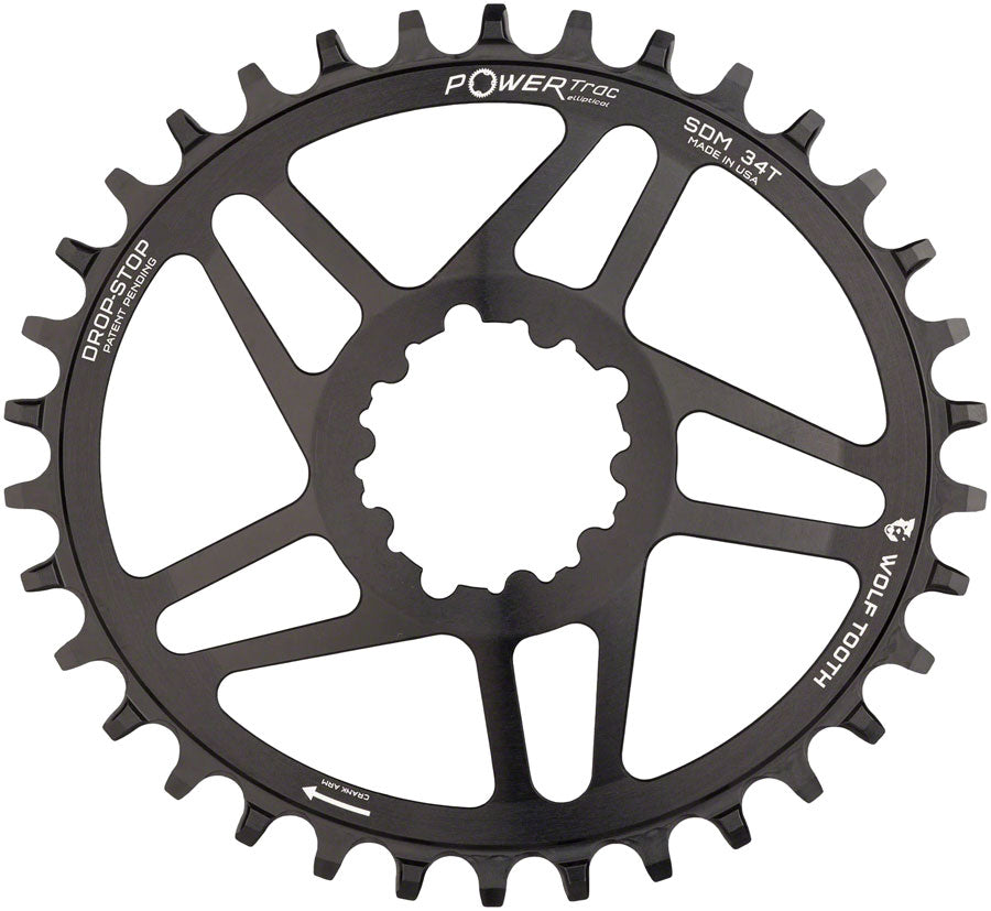 Wolf Tooth Elliptical Direct Mount Chainring - 34t SRAM 3-Bolt Direct Mount Drop-Stop A For SRAM Cranksets 6mm Offset BLK