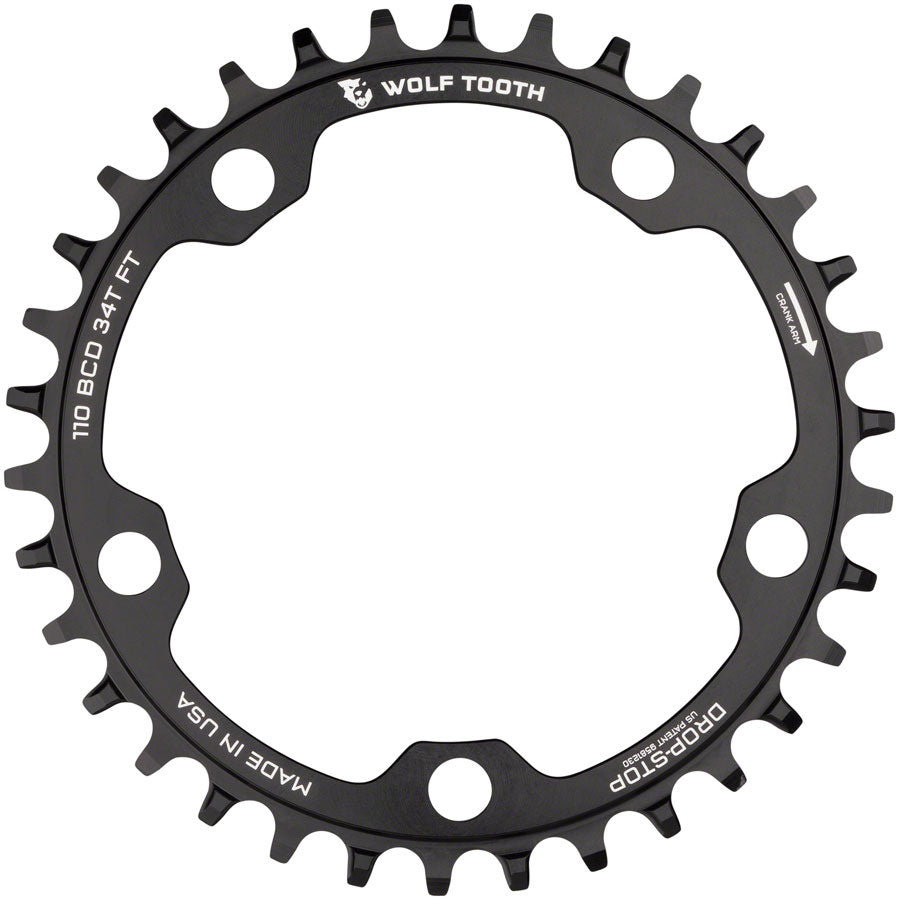 Wolf Tooth 110 BCD Cyclocross Road Chainring - 34t 110 BCD 5-Bolt Drop-Stop B 10/11/12-Speed Eagle Flattop Compatible BLK