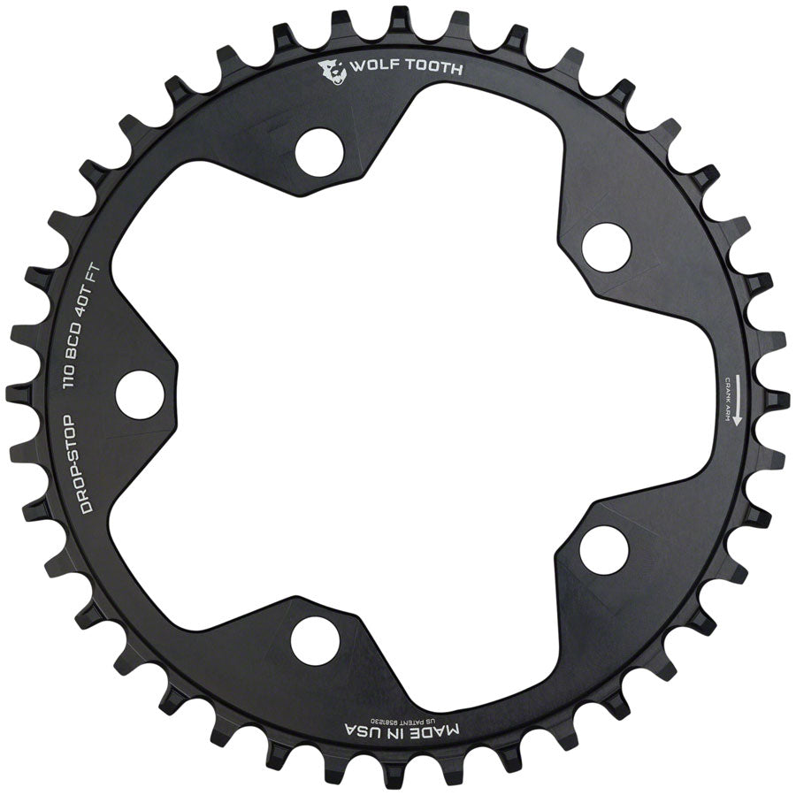 Wolf Tooth 110 BCD Cyclocross Road Chainring - 38t 110 BCD 5-Bolt Drop-Stop B 10/11/12-Speed Eagle Flattop Compatible BLK