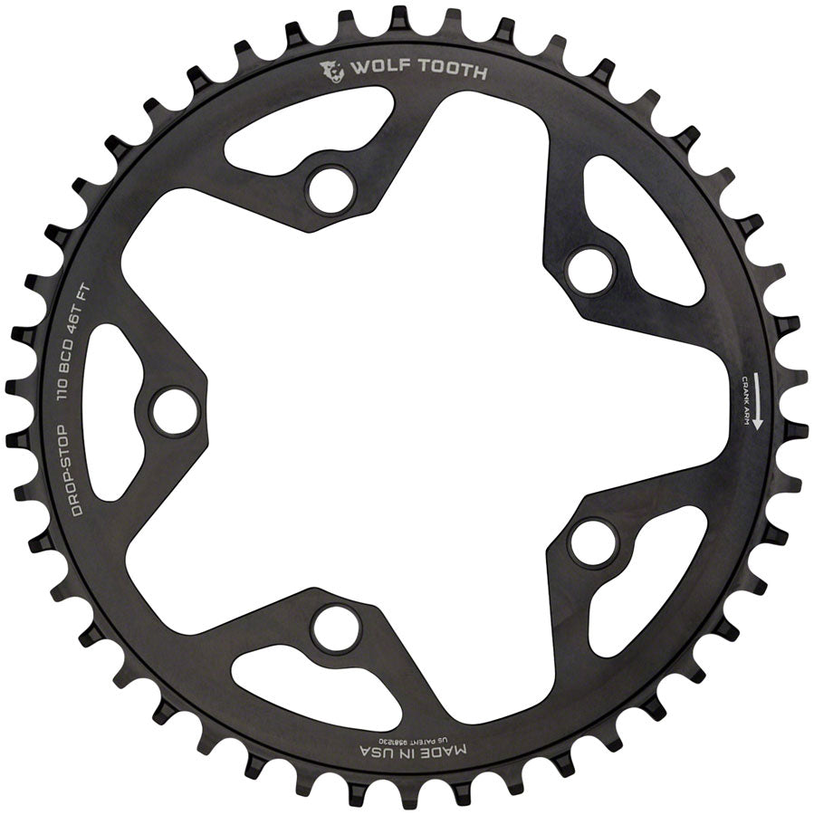 Wolf Tooth 110 BCD Cyclocross Road Chainring - 44t 110 BCD 5-Bolt Drop-Stop B 10/11/12-Speed Eagle Flattop Compatible BLK