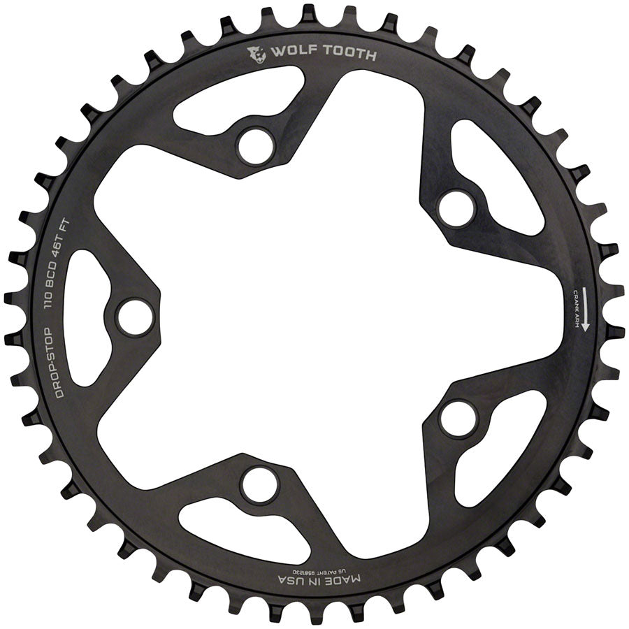 Wolf Tooth 110 BCD Cyclocross Road Chainring - 46t 110 BCD 5-Bolt Drop-Stop B 10/11/12-Speed Eagle Flattop Compatible BLK