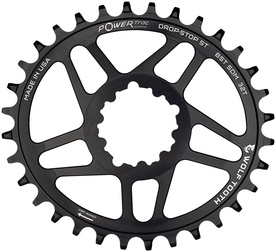 Wolf Tooth Elliptical Direct Mount Chainring - 34t SRAM 3-Bolt DM Drop-Stop ST For SRAM Boost Cranks Requires HG+ Chain BLK