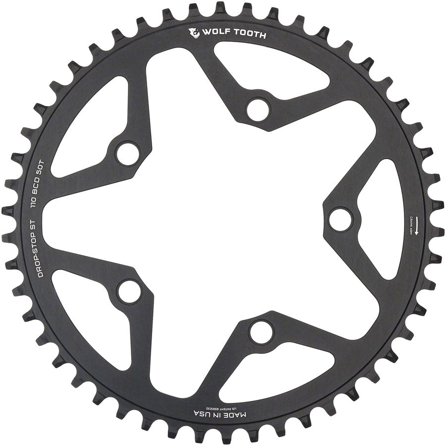 Wolf Tooth 110 BCD Gravel CX Road Chainring - 50t 110 BCD 5-Bolt Drop-Stop ST For Shimano HG+ KMC 12-Speed Chains BLK