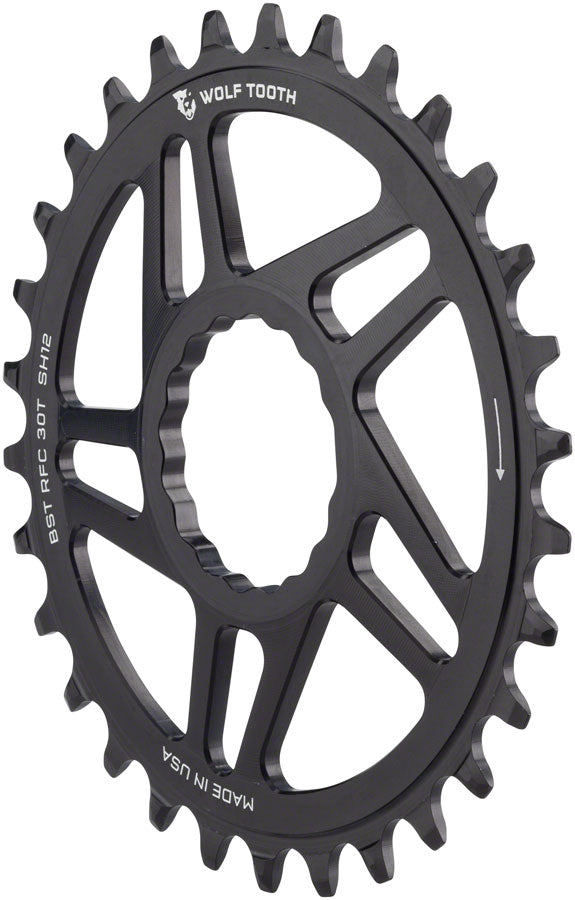 Wolf Tooth Direct Mount Chainring - 30t RaceFace CINCH Direct Mount Boost 3mm Offset Drop-Stop ST Requires 12-Speed HG+ Chain BLK