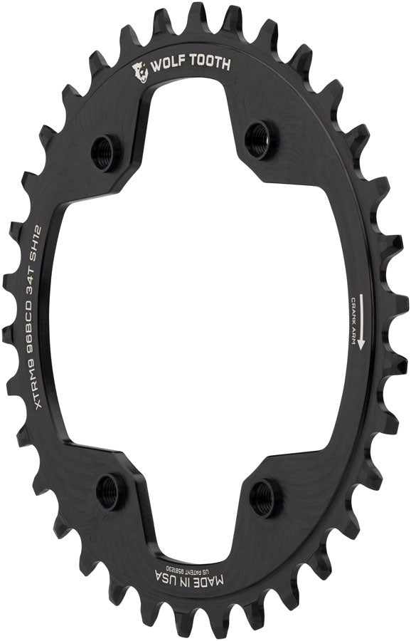 Wolf Tooth 96 BCD Chainring - 34t 96 Asymmetric BCD 4-Bolt For Shimano Cranks Drop-Stop ST Requires 12-Speed HG+ Chain BLK