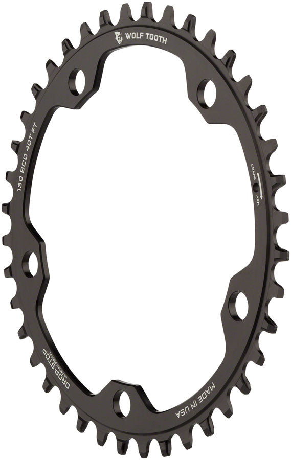 Wolf Tooth 130 BCD Road Cyclocross Chainring - 40t 130 BCD 5-Bolt Drop-Stop B 10/11/12-Speed Eagle Flattop Compatible BLK